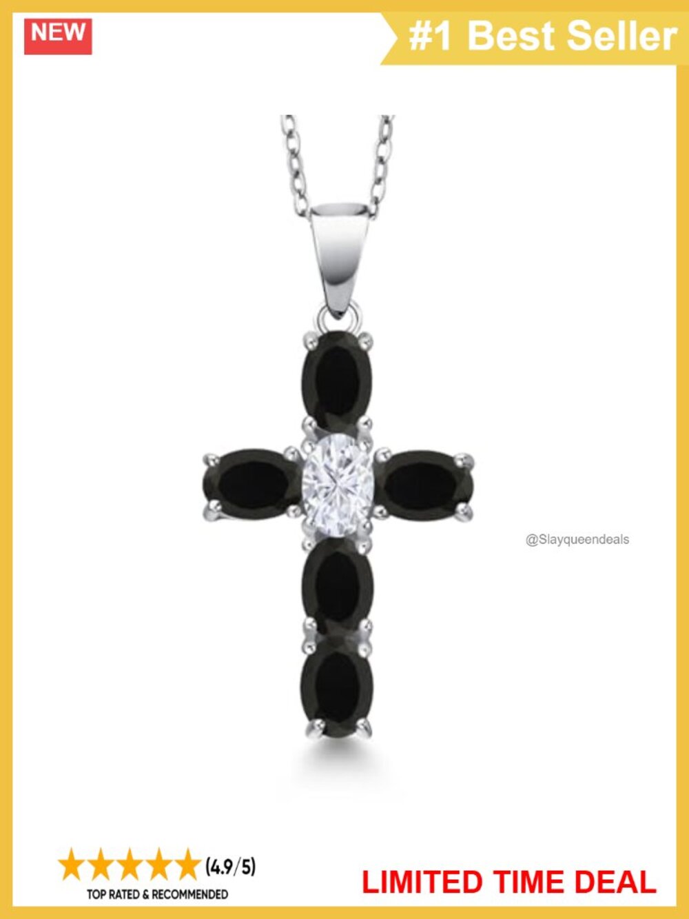 2.50 Cttw Black Onyx & Moissanite Cross Pendant Necklace 925 Sterling Silver